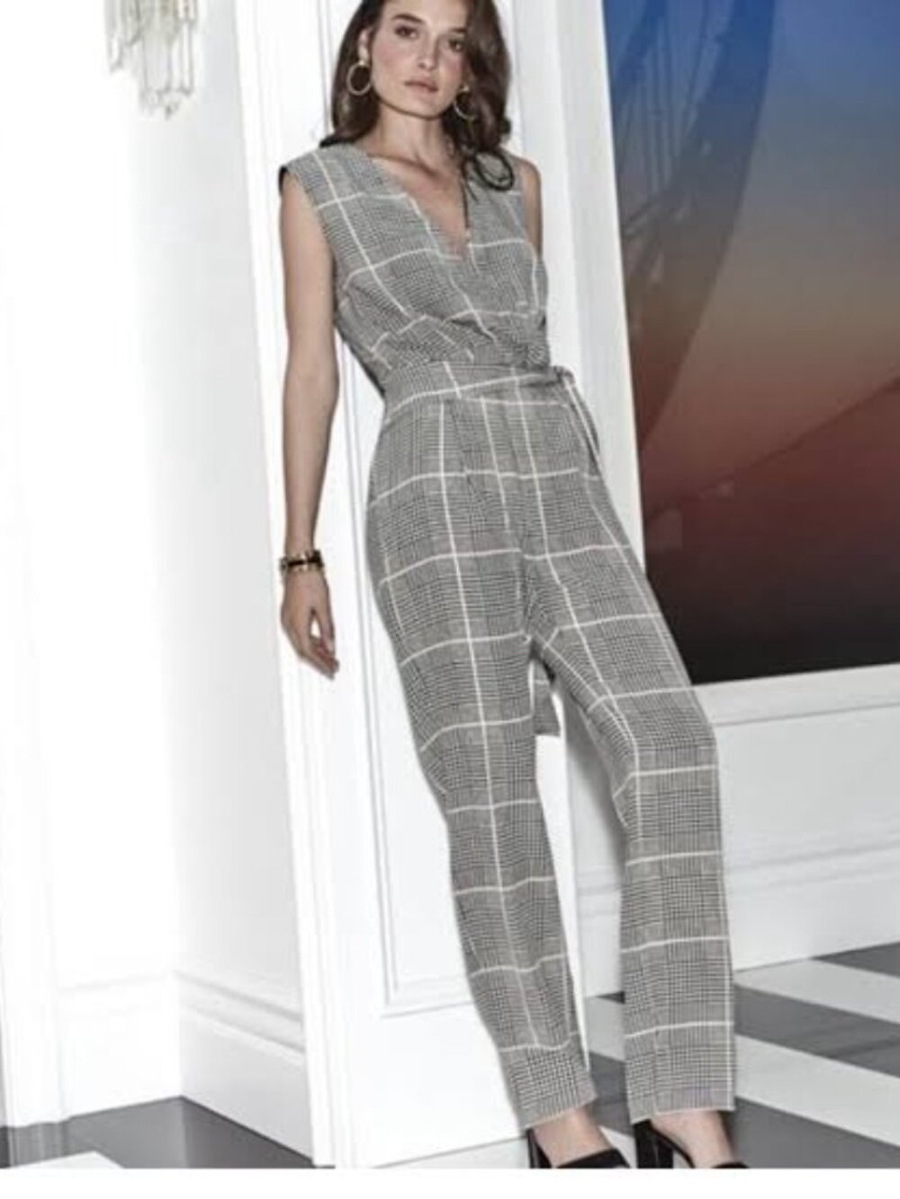 ✨ L'AGENCE "Julia" Houndstooth Plaid Checked Silk Jumpsuit Size 2 ✨